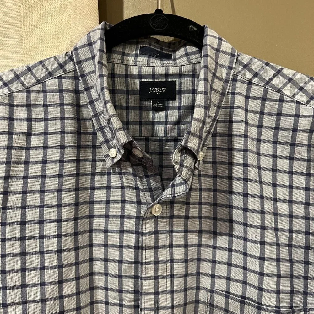 J Crew Slim Fit Blue Check Button Down Men's Long Sleeve Dress Shirt, Size Large